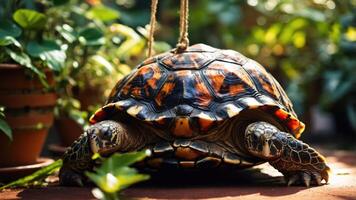 A close-up of a turtle resting among greenery, showcasing its vibrant shell patterns. photo