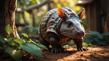 A close-up of an armadillo in a natural setting, showcasing its unique shell and environment. photo