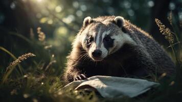 A close-up of a badger in a natural setting, surrounded by grass and soft sunlight. photo