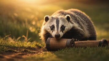 A badger interacts playfully with a wooden object in a sunlit grassy setting. photo