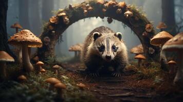 A badger in a mystical forest surrounded by mushrooms and a natural archway. photo