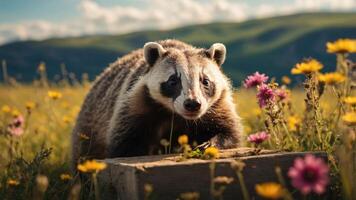 A close-up of a badger in a flower-filled field during a sunny day. photo