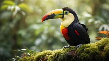 A vibrant toucan perched on a mossy log in a lush tropical forest. photo