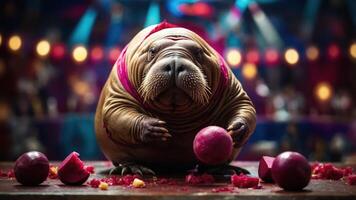 A whimsical walrus enjoying a colorful feast on a vibrant stage. photo