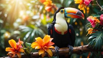 A vibrant toucan perched on a branch surrounded by colorful flowers in a lush environment. photo