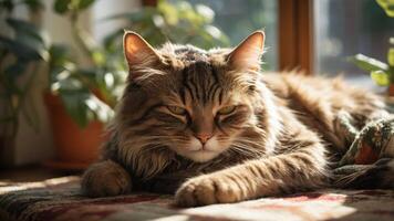 A serene tabby cat resting in sunlight on a cozy blanket by a window. photo