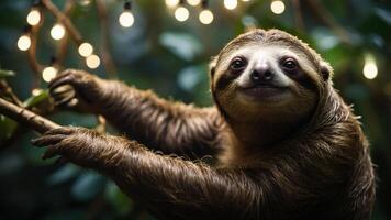 A sloth hanging on a branch with decorative lights in a lush environment. photo