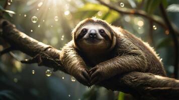 A sloth lounging on a branch in a sunlit forest, surrounded by droplets of water. photo