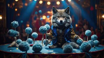 A wolf in a blue coat performs in a circus, surrounded by cotton candy props. photo