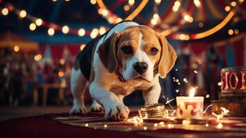 A beagle performing in a circus, surrounded by festive lights and a candle. photo