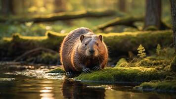 A beaver stands on a mossy log by the water in a serene forest setting. photo