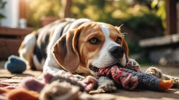 A beagle playing with a toy in a sunny outdoor setting. photo
