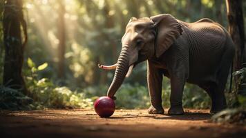 An elephant plays with a red bowling ball in a sunlit forest setting. photo