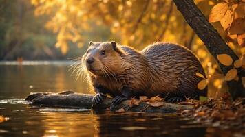A beaver resting on a log by the water, surrounded by autumn foliage. photo