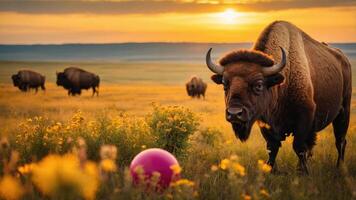 A bison stands near a pink ball in a vibrant field during sunset, with other bison in the background. photo