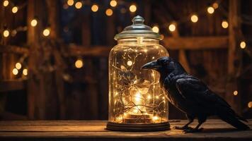 A raven beside a glowing jar filled with fairy lights, creating a mystical atmosphere. photo