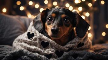 A cozy dog wrapped in a blanket with hearts, surrounded by soft lights. photo