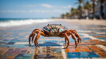 A crab walks along a colorful tiled path by the beach under a clear blue sky. photo