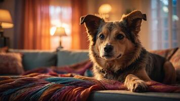 A dog relaxing on a couch with a colorful blanket in a cozy living room setting. photo