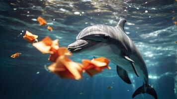 A dolphin swimming underwater, interacting with orange objects in its environment. photo