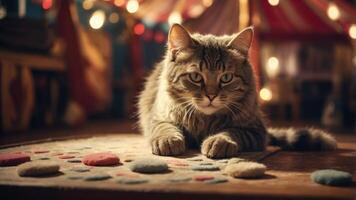 A tabby cat lounging on a colorful rug in a whimsical, circus-themed setting. photo