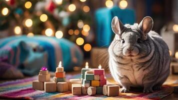 A cute chinchilla sits beside colorful wooden blocks and candles, creating a cozy atmosphere. photo