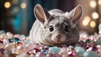A cute gray chinchilla resting among colorful gemstones, creating a whimsical scene. photo