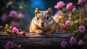 A chipmunk perched on a log amidst vibrant pink flowers, showcasing nature's beauty. photo