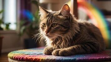 A cat rests on a colorful rug, with sunlight creating a rainbow effect in the background. photo