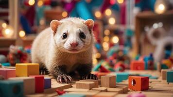 A playful ferret exploring a colorful, toy-filled environment. photo
