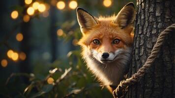 A fox peeks from behind a tree, surrounded by a softly lit forest atmosphere. photo
