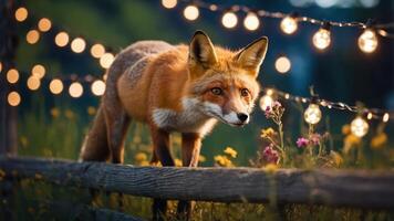 A fox perched on a wooden fence, surrounded by glowing string lights and flowers. photo