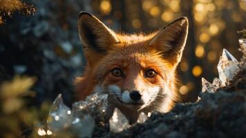 A close-up of a fox surrounded by crystals in a forest setting. photo