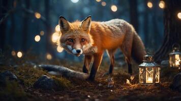 A fox stands in a mystical forest, illuminated by lanterns and soft glowing lights. photo