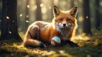 A playful fox resting in a sunlit forest, with a ball beside it. photo