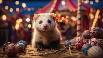 A playful ferret sits amidst colorful yarn balls in a festive, circus-like setting. photo