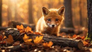 A curious fox in a forest surrounded by autumn leaves and warm sunlight. photo