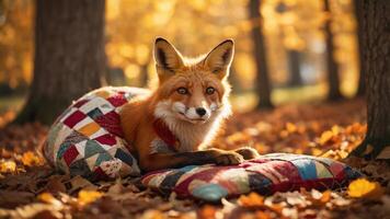 A fox lounging on colorful pillows amidst autumn leaves in a serene forest setting. photo