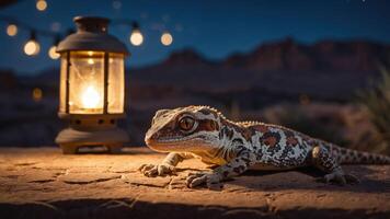 A gecko rests beside a lantern in a serene outdoor setting at dusk. photo
