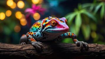 A vibrant, colorful lizard resting on a branch amidst lush foliage and soft lighting. photo