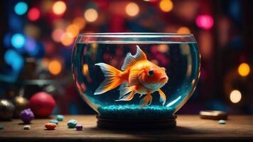 A goldfish swims in a bowl, surrounded by colorful bokeh lights and decorative items. photo