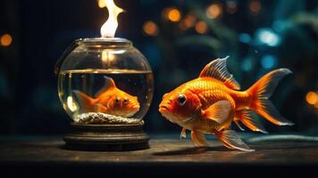 A goldfish beside a lit candle and its reflection in a bowl. photo