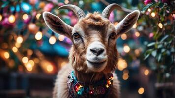 A goat adorned with festive lights amidst a colorful floral backdrop. photo