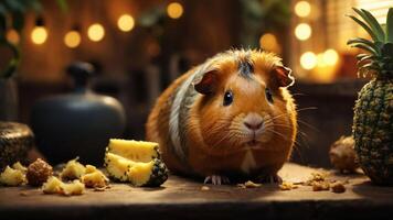 A cute guinea pig surrounded by pineapple pieces in a cozy setting. photo