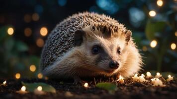 A hedgehog surrounded by soft lights and greenery, creating a cozy atmosphere. photo
