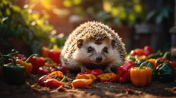 A hedgehog surrounded by colorful bell peppers in a garden setting. photo
