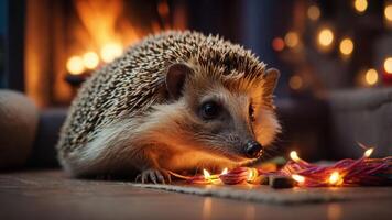 A hedgehog sits among colorful string lights, creating a cozy atmosphere. photo