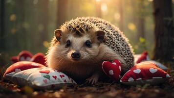 A hedgehog resting on heart-patterned pillows in a serene forest setting. photo