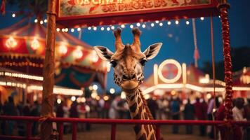 A giraffe stands at a carnival, surrounded by colorful lights and a festive atmosphere. photo