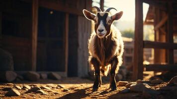 A goat standing in a rustic barn setting, illuminated by warm sunlight. photo